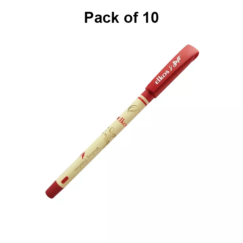 Elkos Soft Ball Pen 0.7 mm Tip Size Red Ink Color (Pack of 10 Pcs)