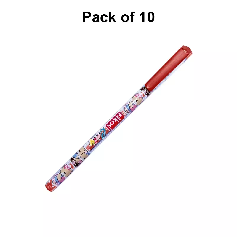 Elkos Cuty Ball Pen 0.7 mm Tip Size Red Ink Color (Pack of 10 Pcs)