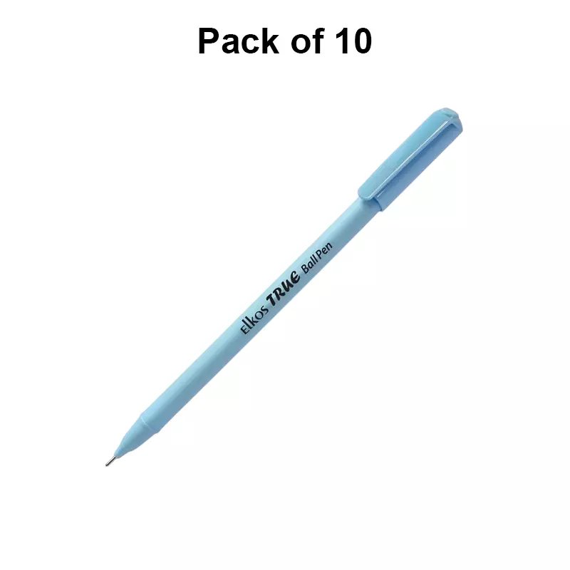 Elkos True Ball Pen Steel Nib Plastic Body Blue Ink Color (Pack of 10 Pcs)