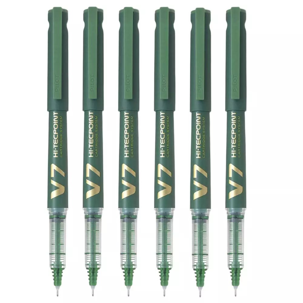 Pilot V7 Hi-Tecpoint Roller Ball Pen Cartridge System 0.7 mm Tip Size and Liquid Ink, Green (Pack of 6)