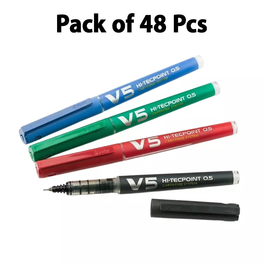 pilot-hi-tecpoint-roller-ball-pen-05-mm-tip-size-black-blue-green-red-ink-color-for-home-school-office-use-v5-pen-pack-of-48-pcs