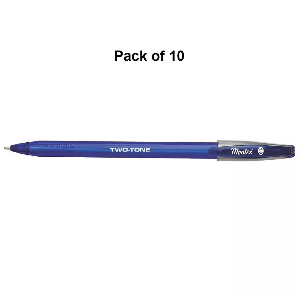 montex-two-tone-1-mm-tip-ball-pen-blue-ink-plastic-body-non-toxic-waterproof-ink-pack-of-10-pcs