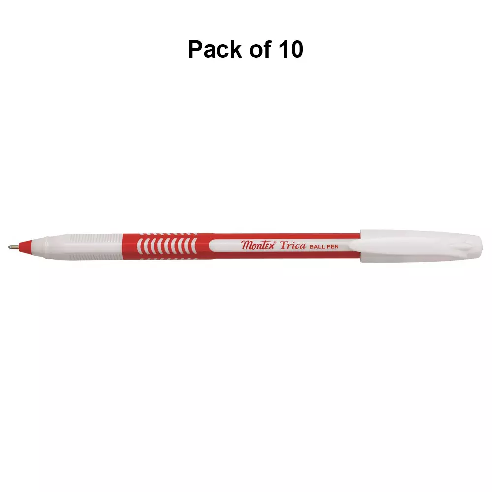 montex-trica-1-mm-tip-ball-pen-red-ink-plastic-body-non-toxic-waterproof-ink-pack-of-10-pcs