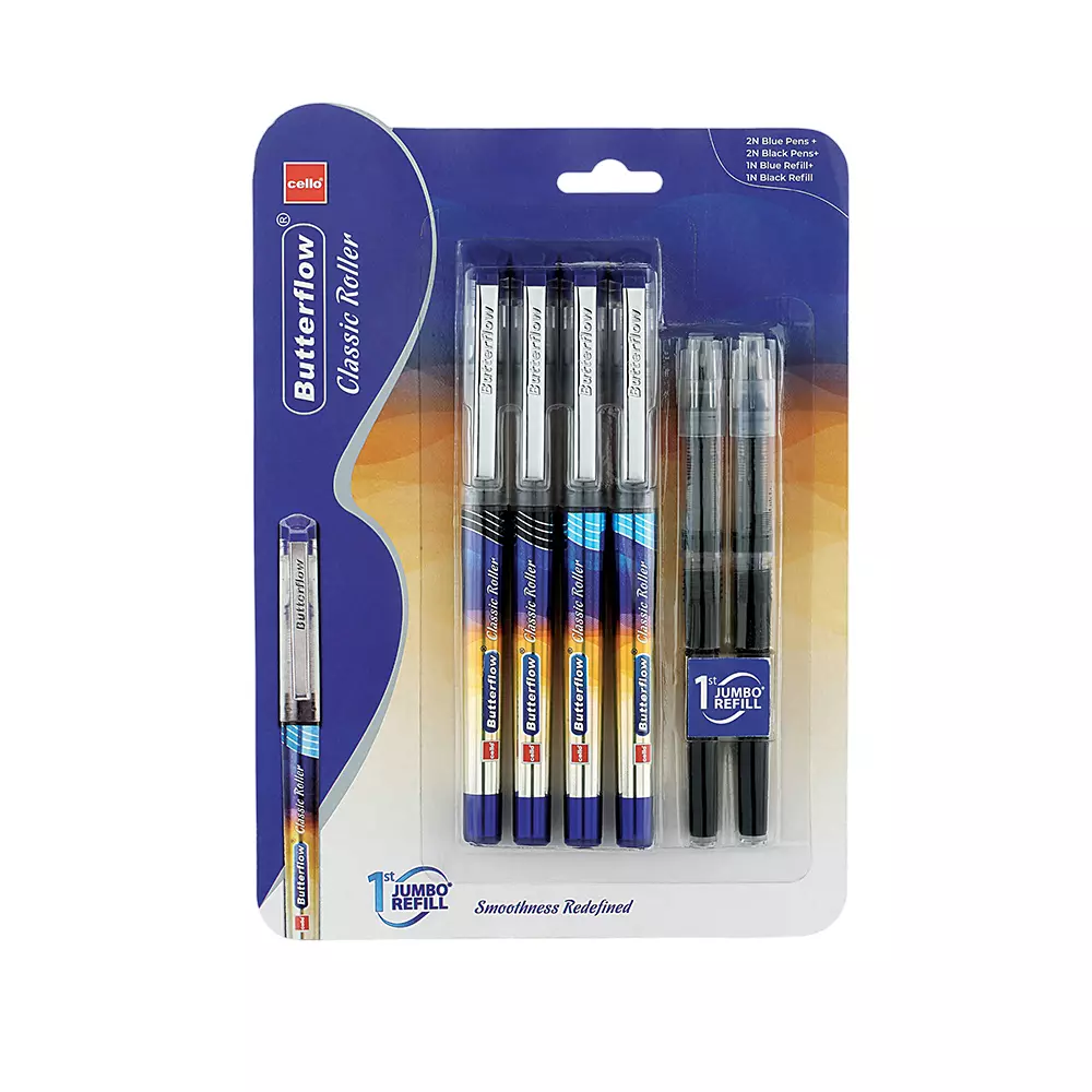 Cello Butterflow Roller Pen Cap Closure Type Blue & Black Ink, 8907234015485 (Each 1 Kit)