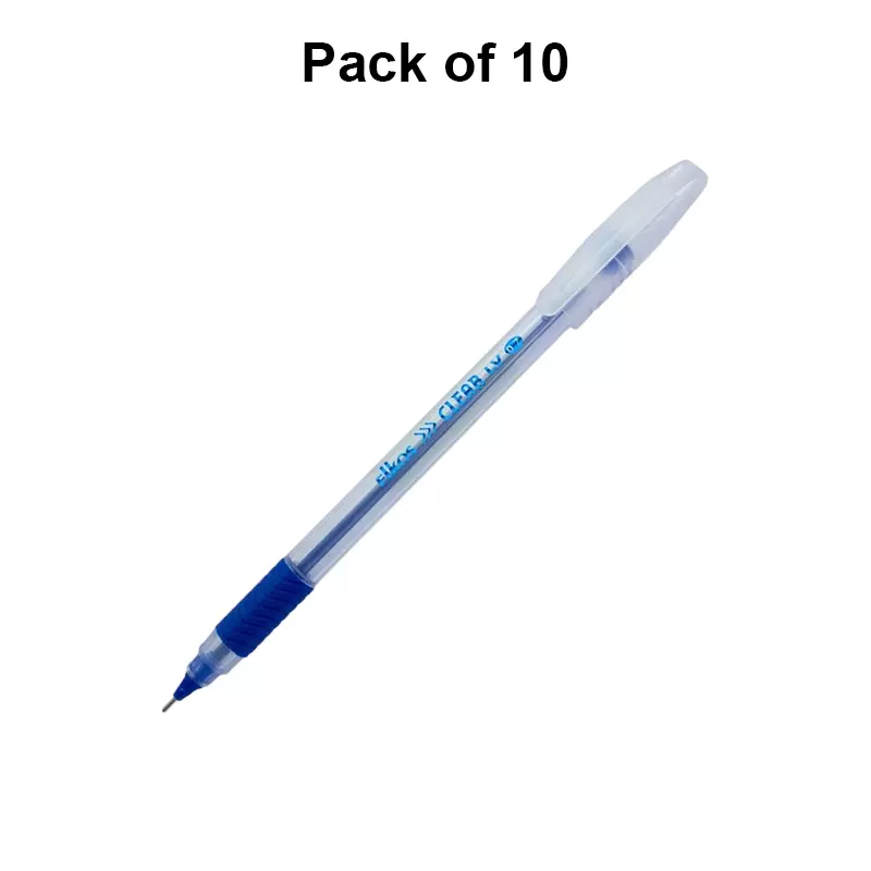 Elkos Clear Ball Pen Steel Nib Plastic Body Blue Ink Color (Pack of 10 Pcs)