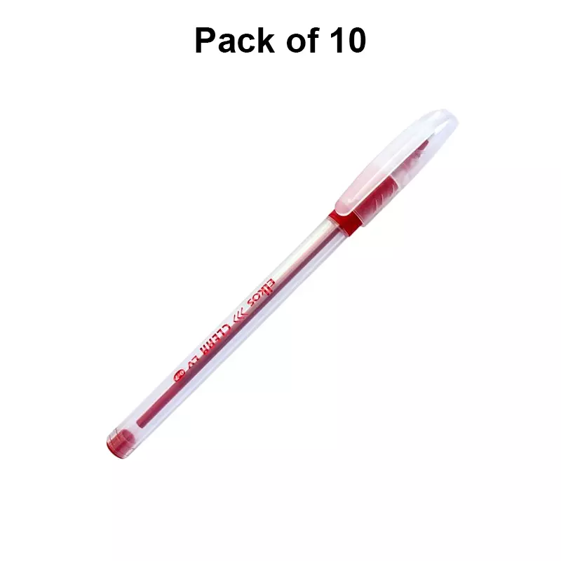 Elkos Clear Ball Pen Steel Nib Plastic Body Red Ink Color (Pack of 10 Pcs)