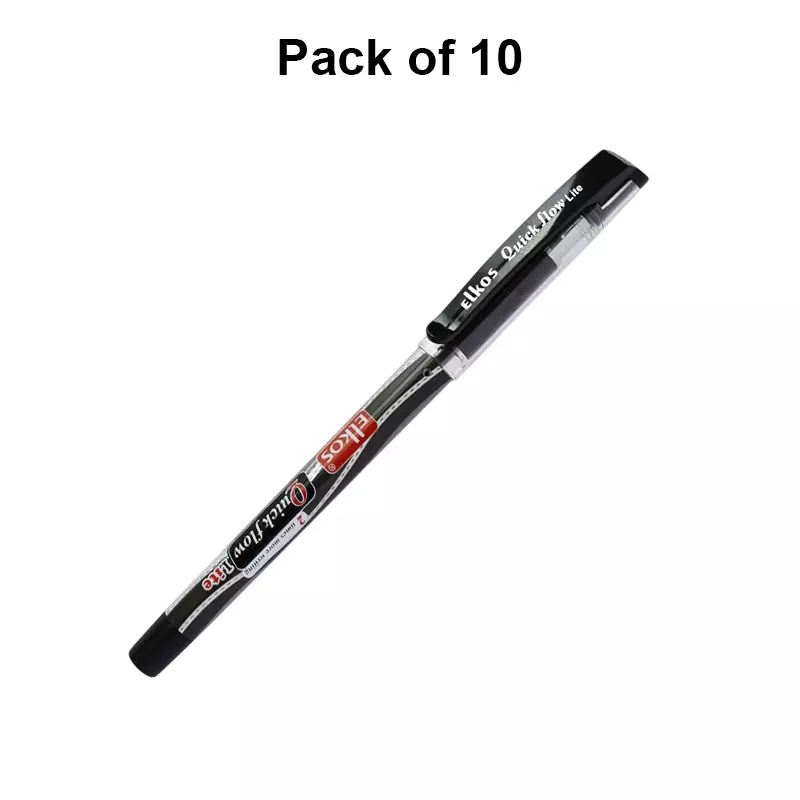 Elkos Quick flow Lite Ball Pen Steel Nib Plastic Body Black Ink Color (Pack of 10 Pcs)