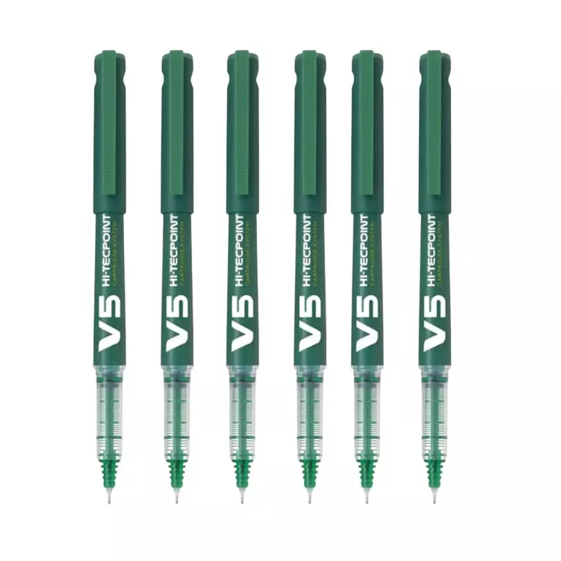 Pilot V5 Hi-Tecpoint Roller Ball Pen Cartridge System 0.5 mm Tip Size and Liquid Ink, Green (Pack of 6)