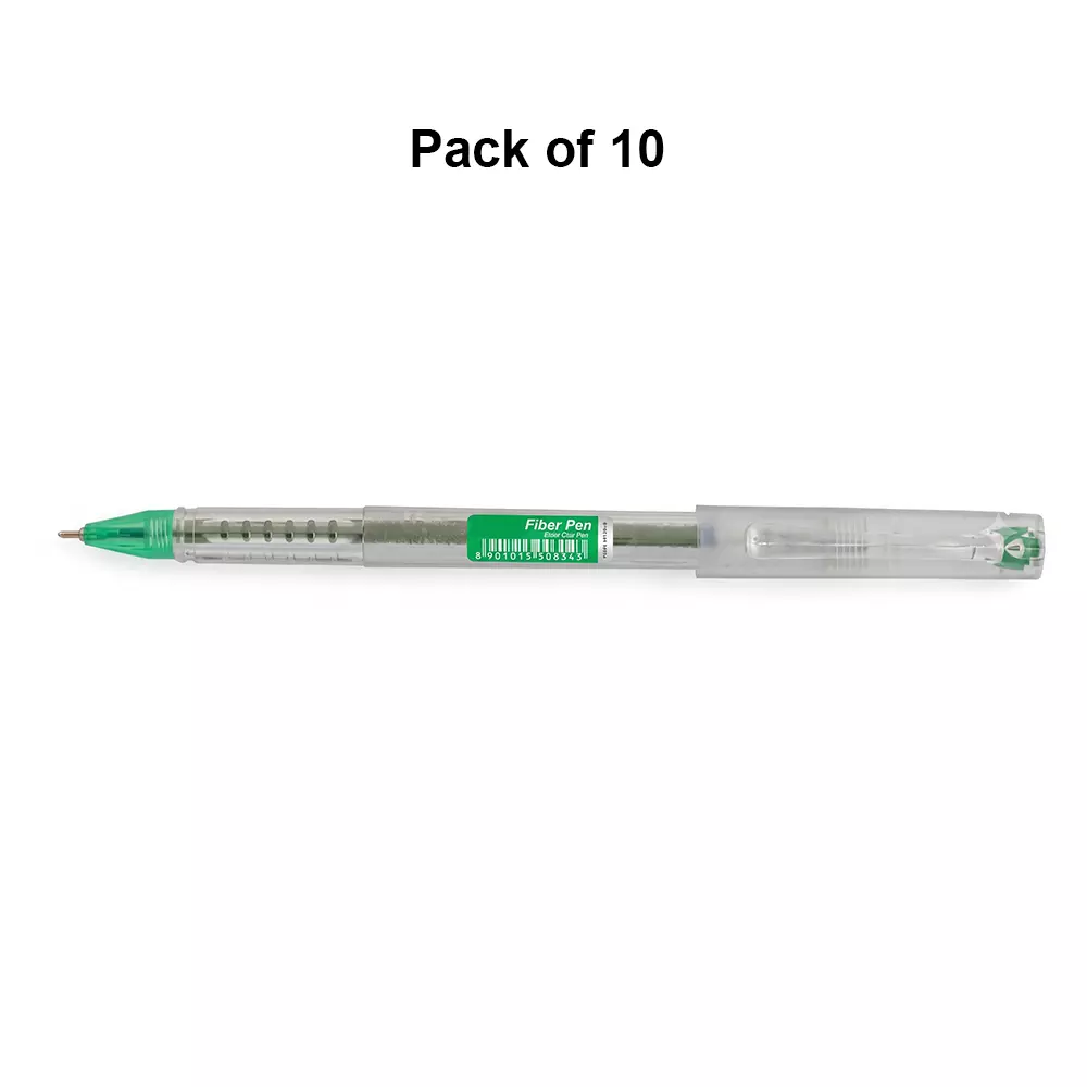 montex-fiber-pen-07-mm-tip-ball-pen-green-ink-clear-plastic-body-non-toxic-waterproof-ink-pack-of-10-pcs
