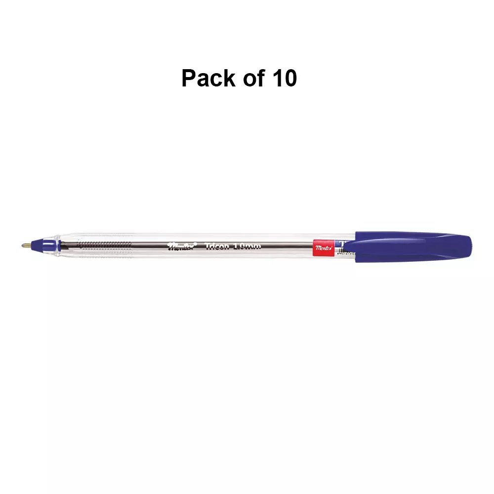 montex-tricon-1-mm-tip-ball-pen-blue-ink-plastic-body-non-toxic-waterproof-ink-pack-of-10-pcs