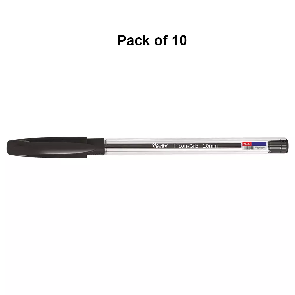 montex-tricon-grip-1-mm-tip-ball-pen-black-ink-plastic-body-non-toxic-waterproof-ink-pack-of-10-pcs