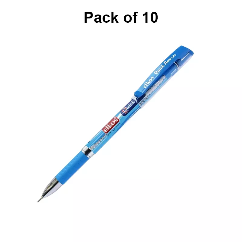 Elkos Quick flow Lite Ball Pen Steel Nib Plastic Body Blue Ink Color (Pack of 10 Pcs)