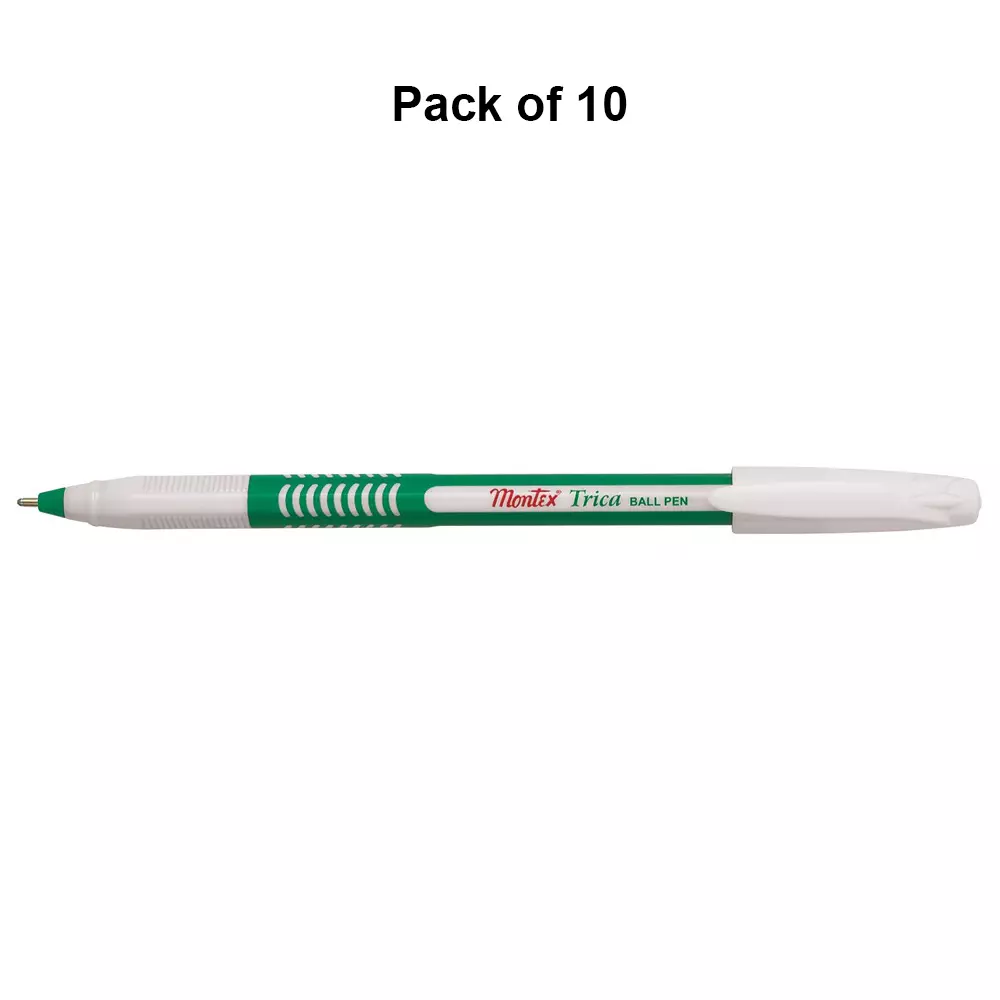 montex-trica-1-mm-tip-ball-pen-green-ink-plastic-body-non-toxic-waterproof-ink-pack-of-10-pcs