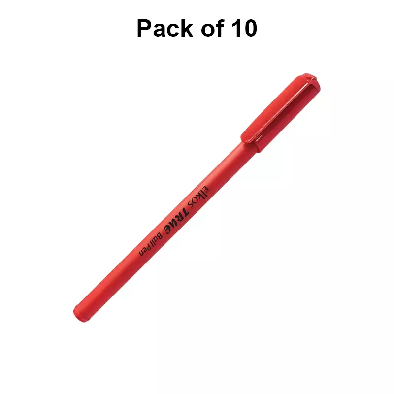 Elkos True Ball Pen Steel Nib Plastic Body Red Ink Color (Pack of 10 Pcs)