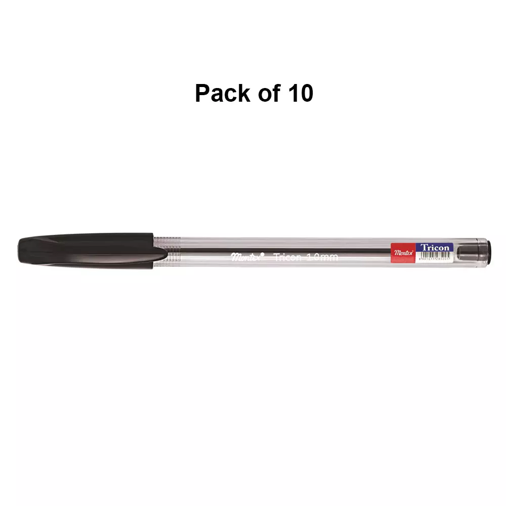 montex-tricon-1-mm-tip-ball-pen-black-ink-plastic-body-non-toxic-waterproof-ink-pack-of-10-pcs