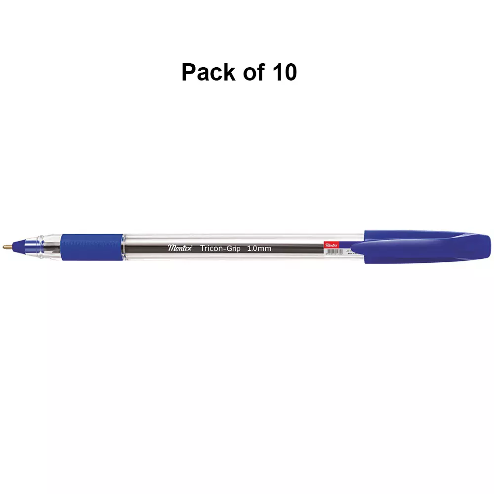 montex-tricon-grip-1-mm-tip-ball-pen-blue-ink-plastic-body-non-toxic-waterproof-ink-pack-of-10-pcs