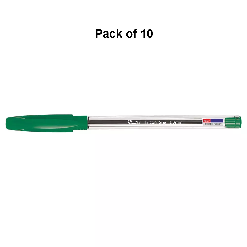 montex-tricon-grip-1-mm-tip-ball-pen-green-ink-plastic-body-non-toxic-waterproof-ink-pack-of-10-pcs