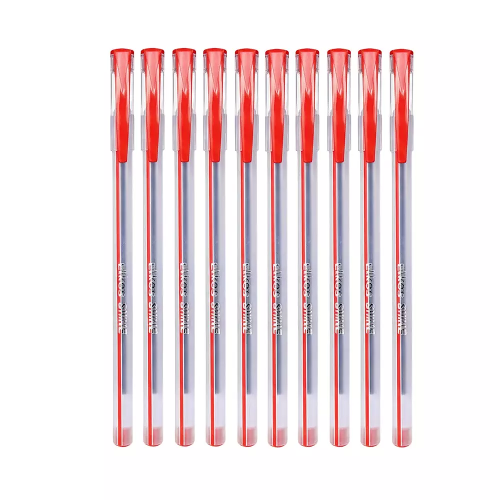 Elkos Shine Directfill Ball Pen Steel Nib Plastic Body Red Ink Color (Pack of 10 Pcs)