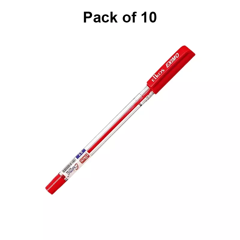 Elkos Eximo Ball Pen 0.7 mm Tip Size Red Ink Color (Pack of 10 Pcs)