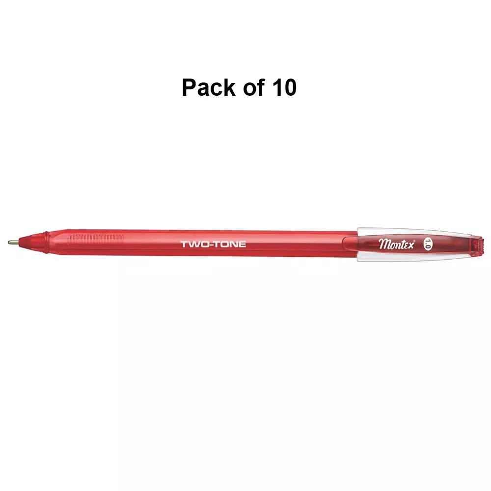 montex-two-tone-1-mm-tip-ball-pen-red-ink-plastic-body-non-toxic-waterproof-ink-pack-of-10-pcs