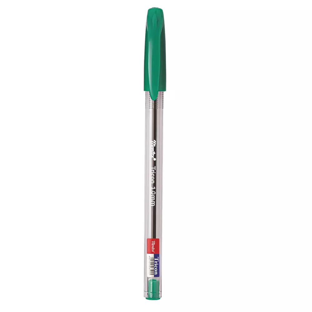 Montex Tricon 1 mm Tip Ball Pen Green Ink Plastic Body Non Toxic & Waterproof Ink (Pack of 10 Pcs)