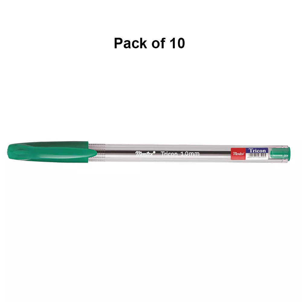 montex-tricon-1-mm-tip-ball-pen-green-ink-plastic-body-non-toxic-waterproof-ink-pack-of-10-pcs