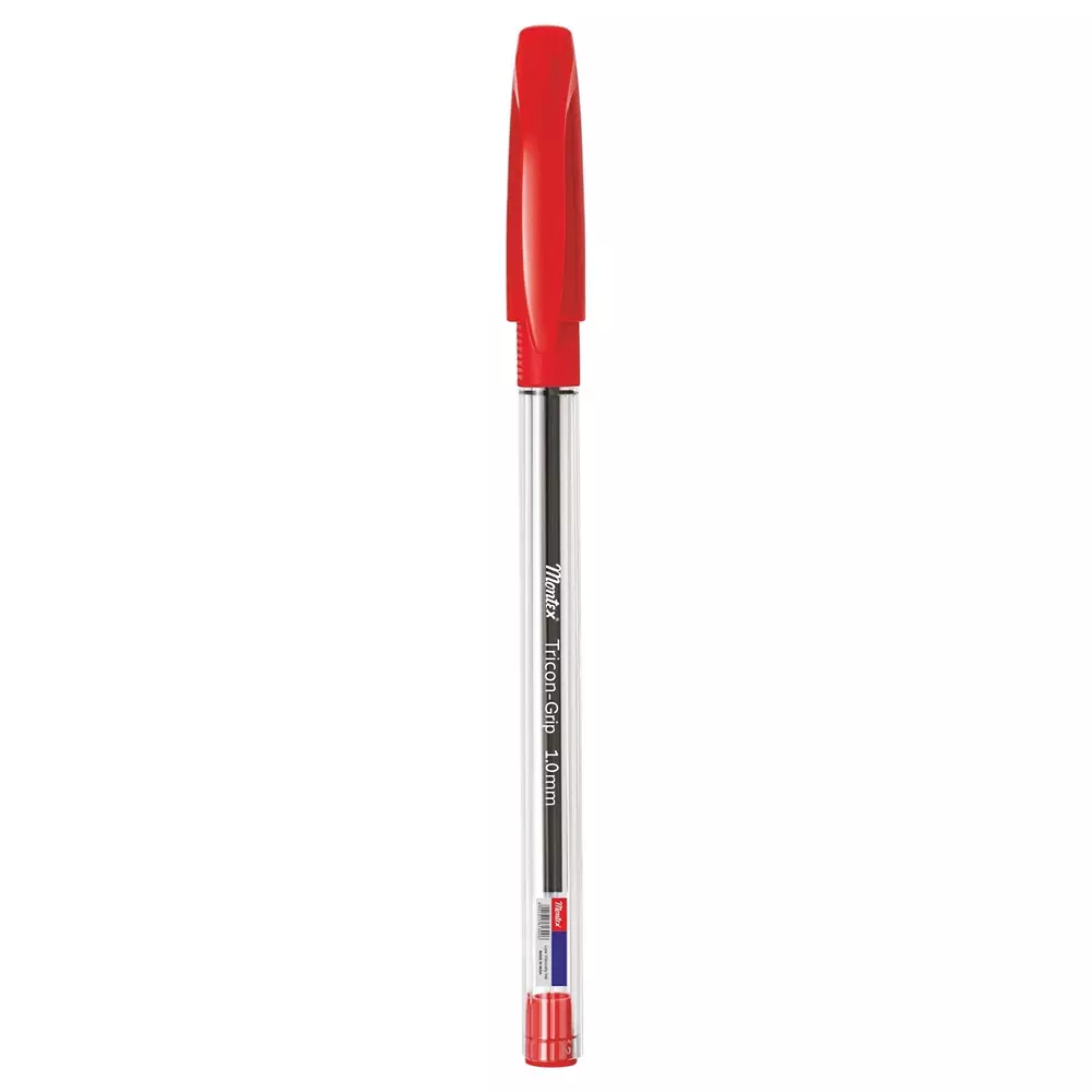 Montex Tricon-Grip 1 mm Tip Ball Pen Red Ink Plastic Body Non Toxic & Waterproof Ink (Pack of 10 Pcs)