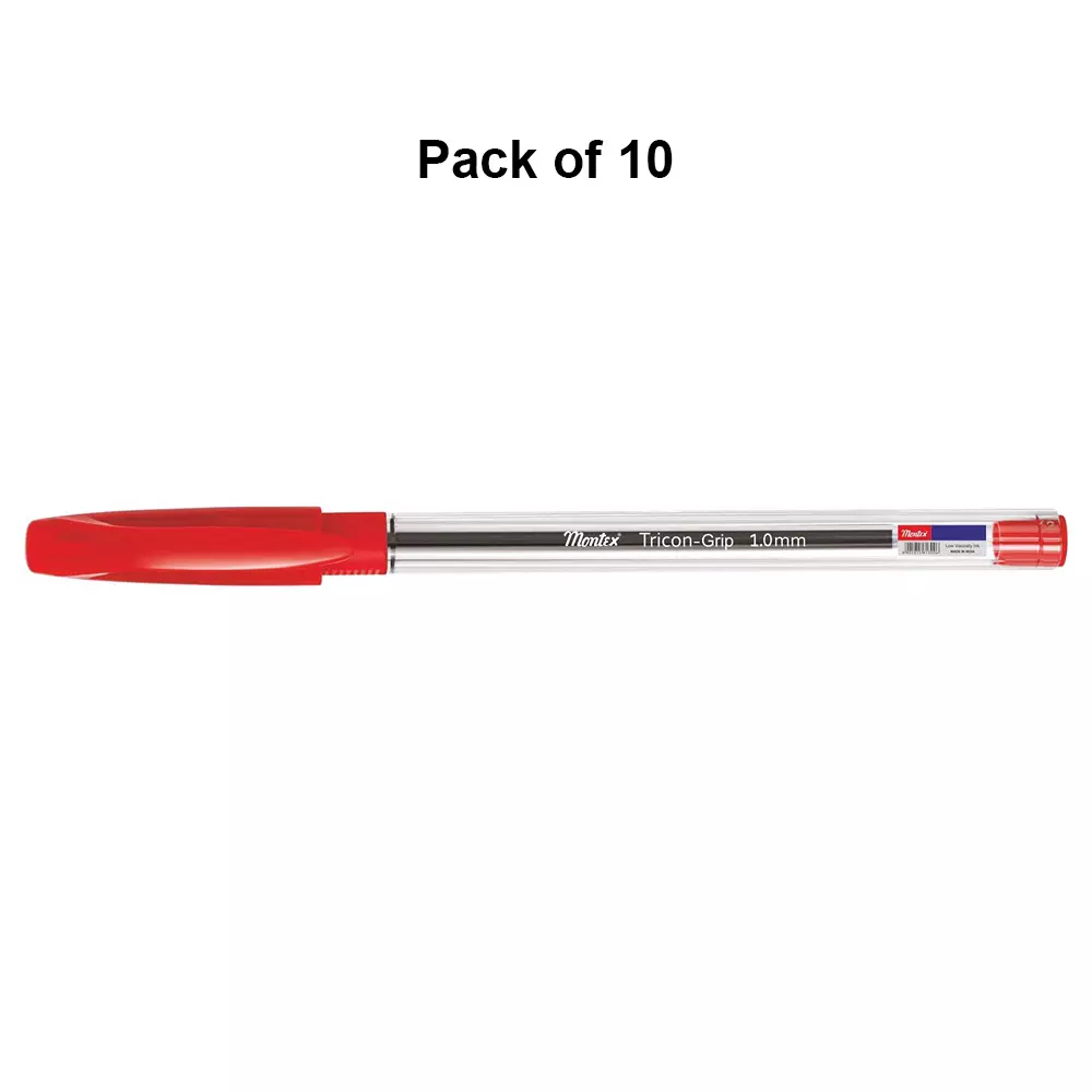 montex-tricon-grip-1-mm-tip-ball-pen-red-ink-plastic-body-non-toxic-waterproof-ink-pack-of-10-pcs