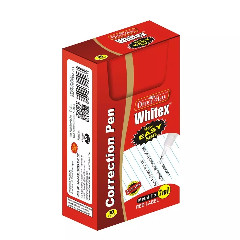 Soni Office Mate Correction Pen, 7 ml with 1 mm Metal Tip Instant Drying and Smooth Application for Office, School & Home (Pack of 10)