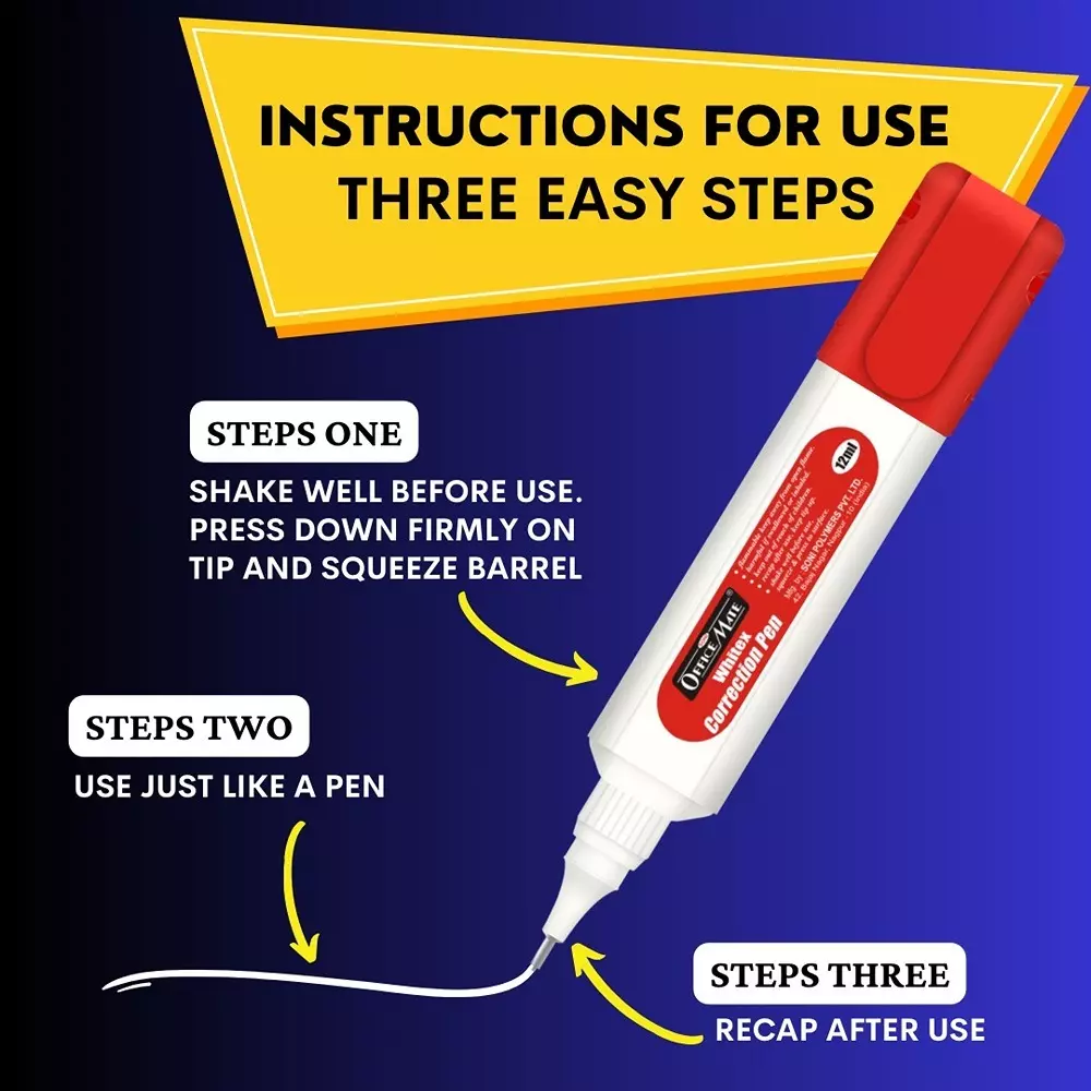 Soni Office Mate 12 ml Correction Pen with 1 mm Metal Tip, Red Cap, Instant Dry and Choke Free for School, Office & Home (Pack of 2)