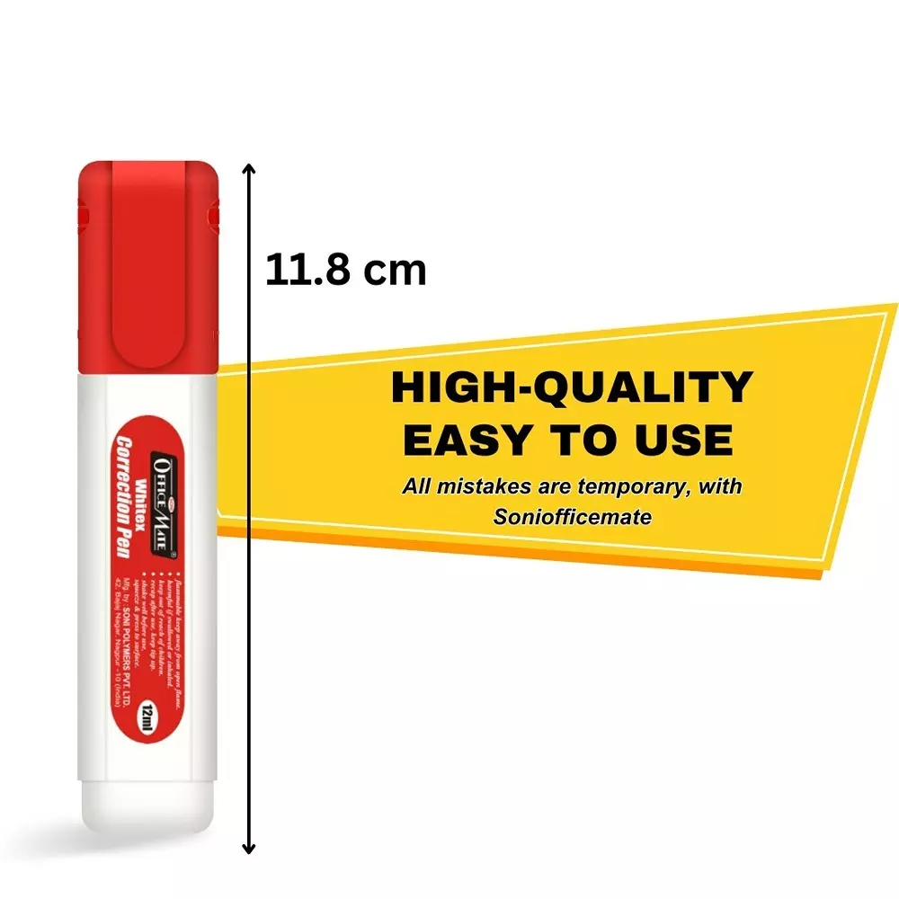 Soni Office Mate 12 ml Correction Pen with 1 mm Metal Tip, Red Cap, Instant Dry and Choke Free for School, Office & Home (Pack of 2)
