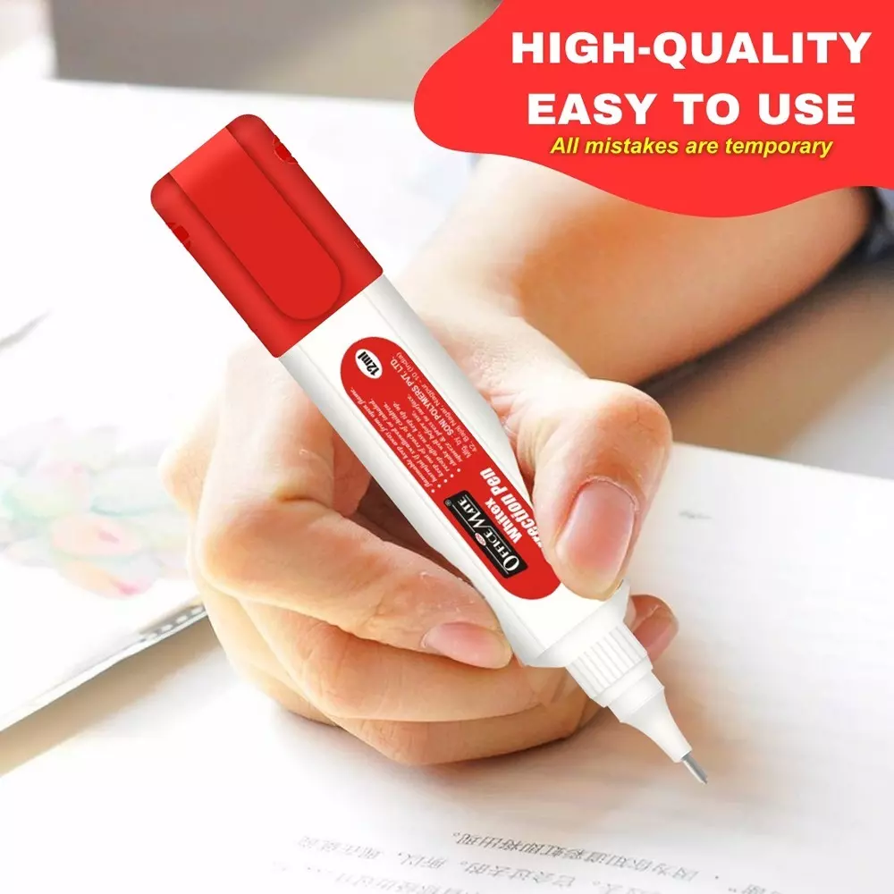 Soni Office Mate 12 ml Correction Pen with 1 mm Metal Tip, Red Cap, Instant Dry and Choke Free for School, Office & Home (Pack of 2)