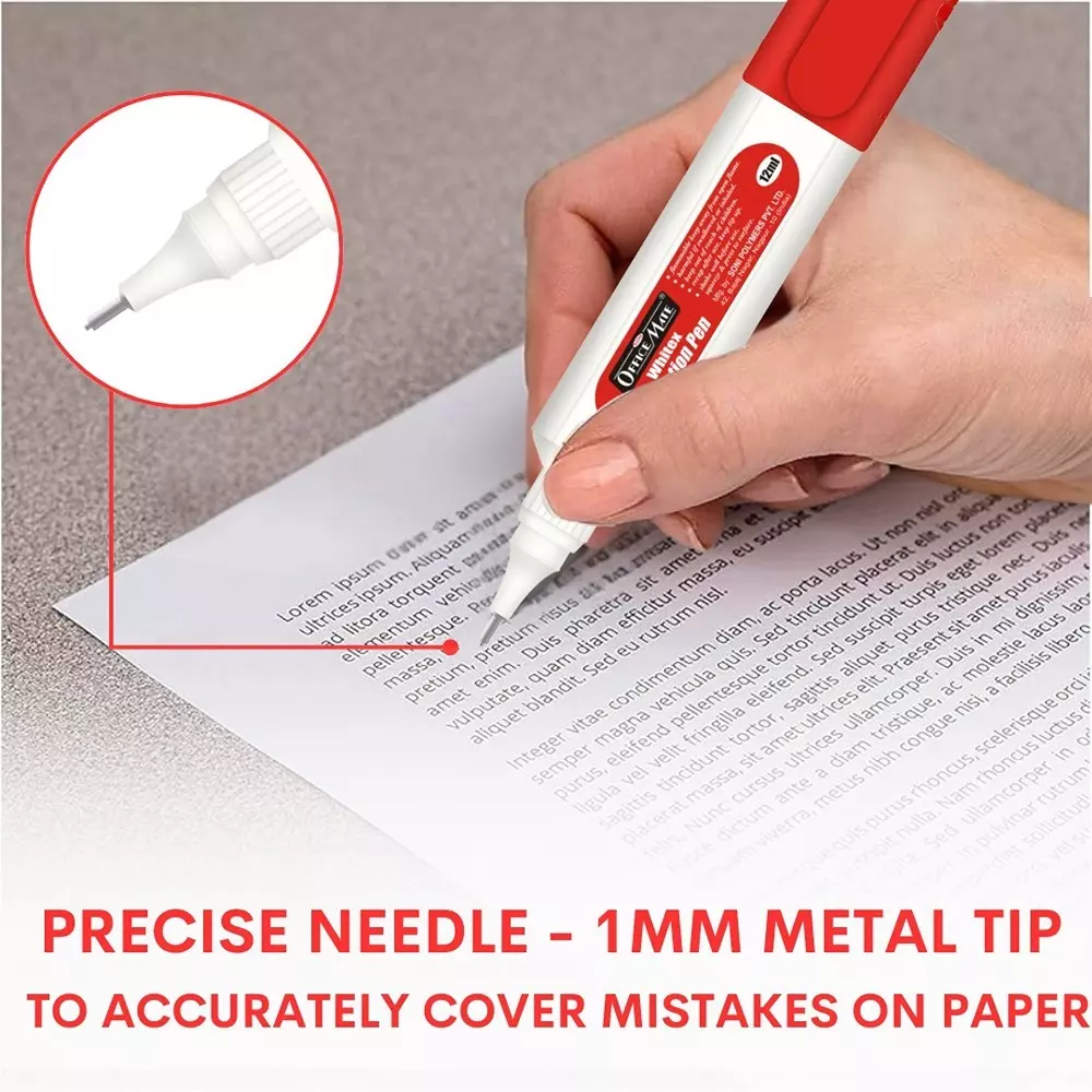 Soni Office Mate 12 ml Correction Pen with 1 mm Metal Tip, Red Cap, Instant Dry and Choke Free for School, Office & Home (Pack of 2)