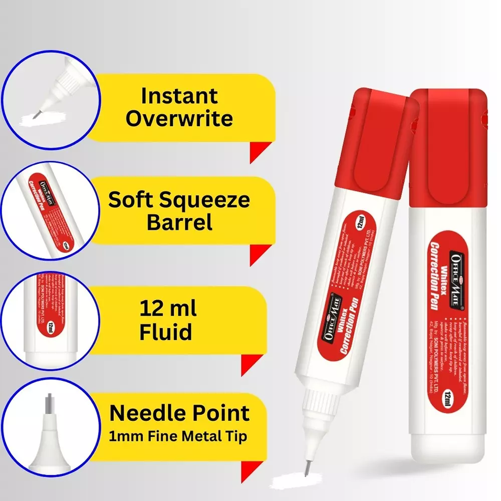 Soni Office Mate 12 ml Correction Pen with 1 mm Metal Tip, Red Cap, Instant Dry and Choke Free for School, Office & Home (Pack of 2)
