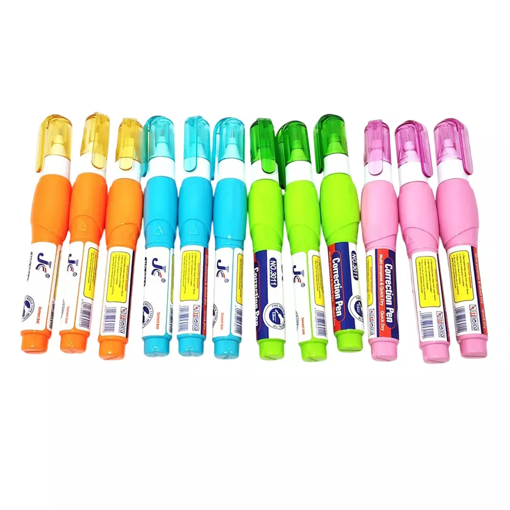 JC Correction Fluid Whitener Pen 15 ml Metal Tip Plastic Assorted Body Color for School & Office Use, No.3011 (Pack of 12 Pcs)