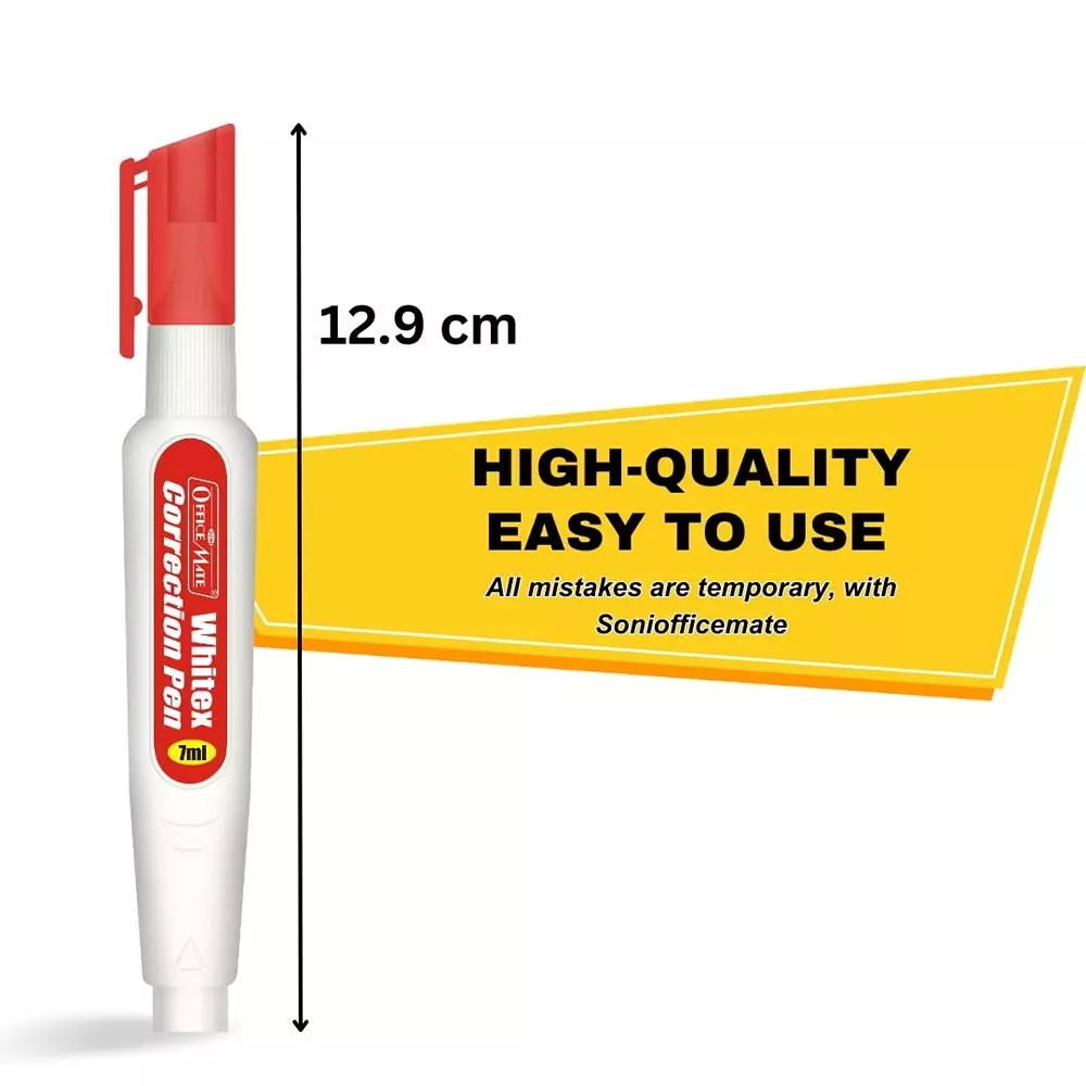 Soni OfficeMate Correction Pen With Transparent Cap 1 mm Tip Size 7 ml Fluid White for Office, College & School Use (Pack of 5 Pcs)