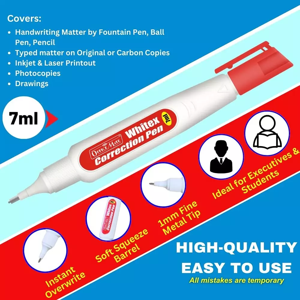 Soni OfficeMate Correction Pen With Transparent Cap 1 mm Tip Size 7 ml Fluid White for Office, College & School Use (Pack of 5 Pcs)
