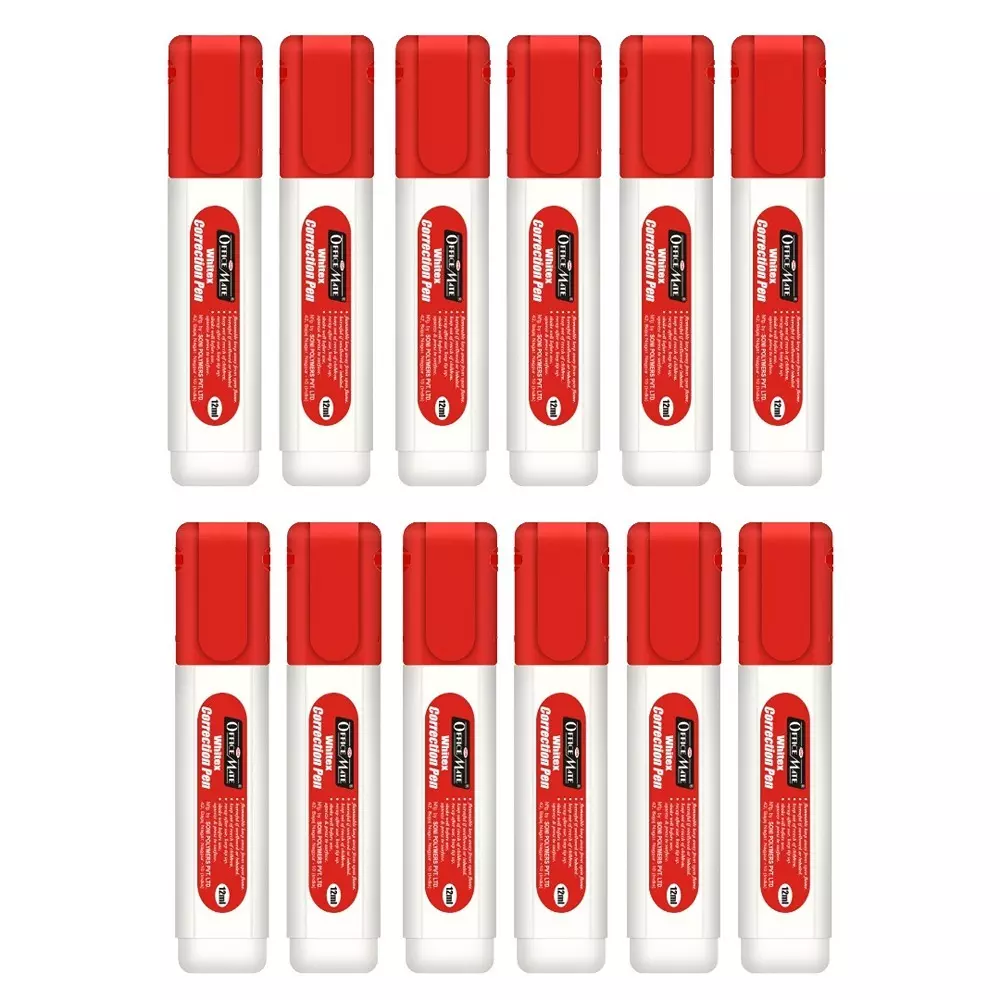Soni Office Mate 12 ml Correction Pen with 1 mm Metal Tip, Red Cap, Instant Dry and Choke Free for School, Office & Home (Pack of 12)