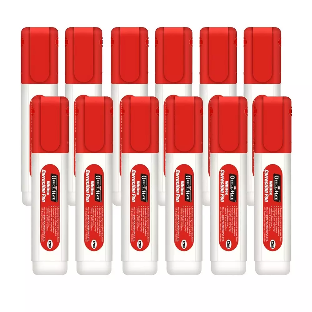 Soni Office Mate 12 ml Correction Pen with 1 mm Metal Tip, Red Cap, Instant Dry and Choke Free for School, Office & Home (Pack of 12)