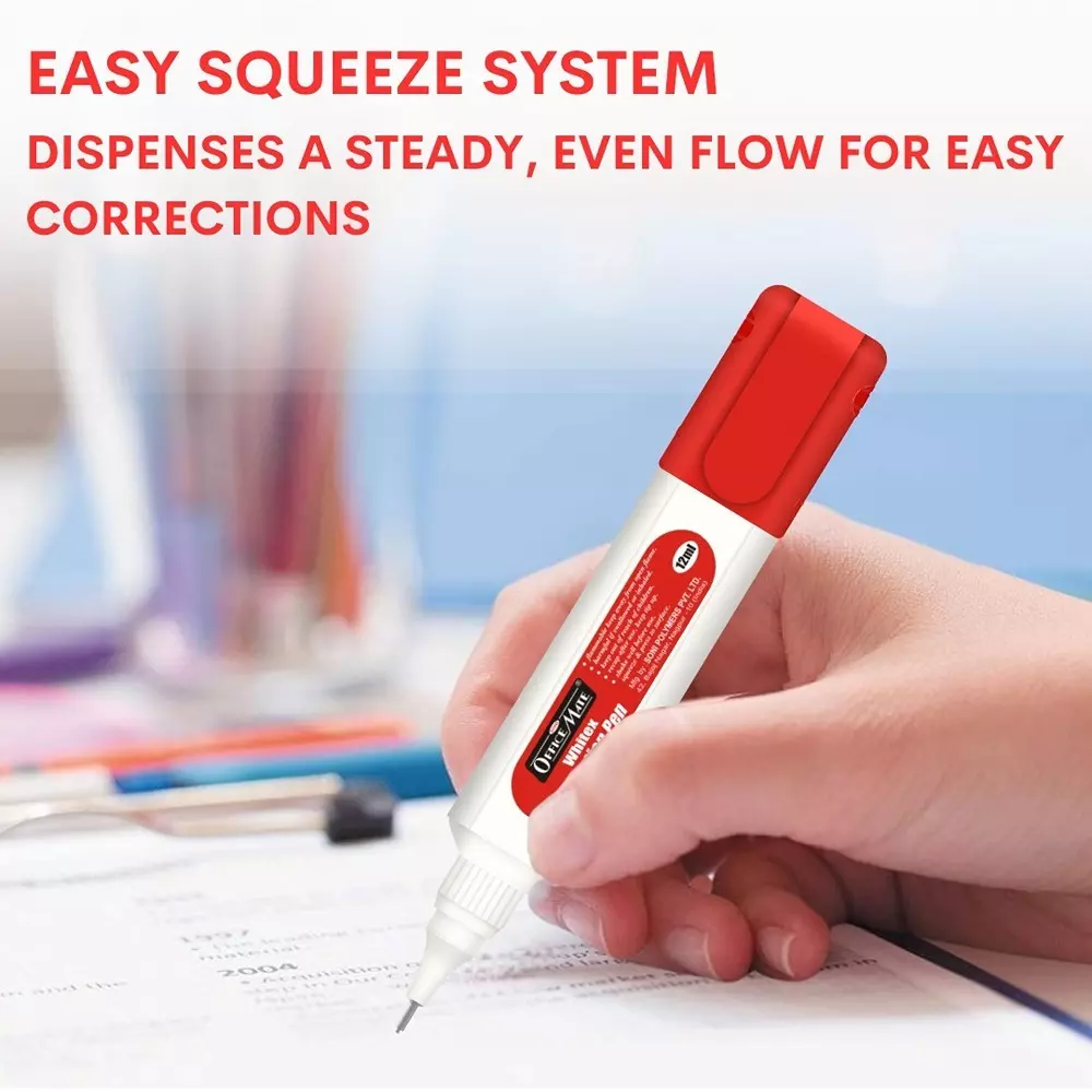 Soni Office Mate 12 ml Correction Pen with 1 mm Metal Tip, Red Cap, Instant Dry and Choke Free for School, Office & Home (Pack of 12)