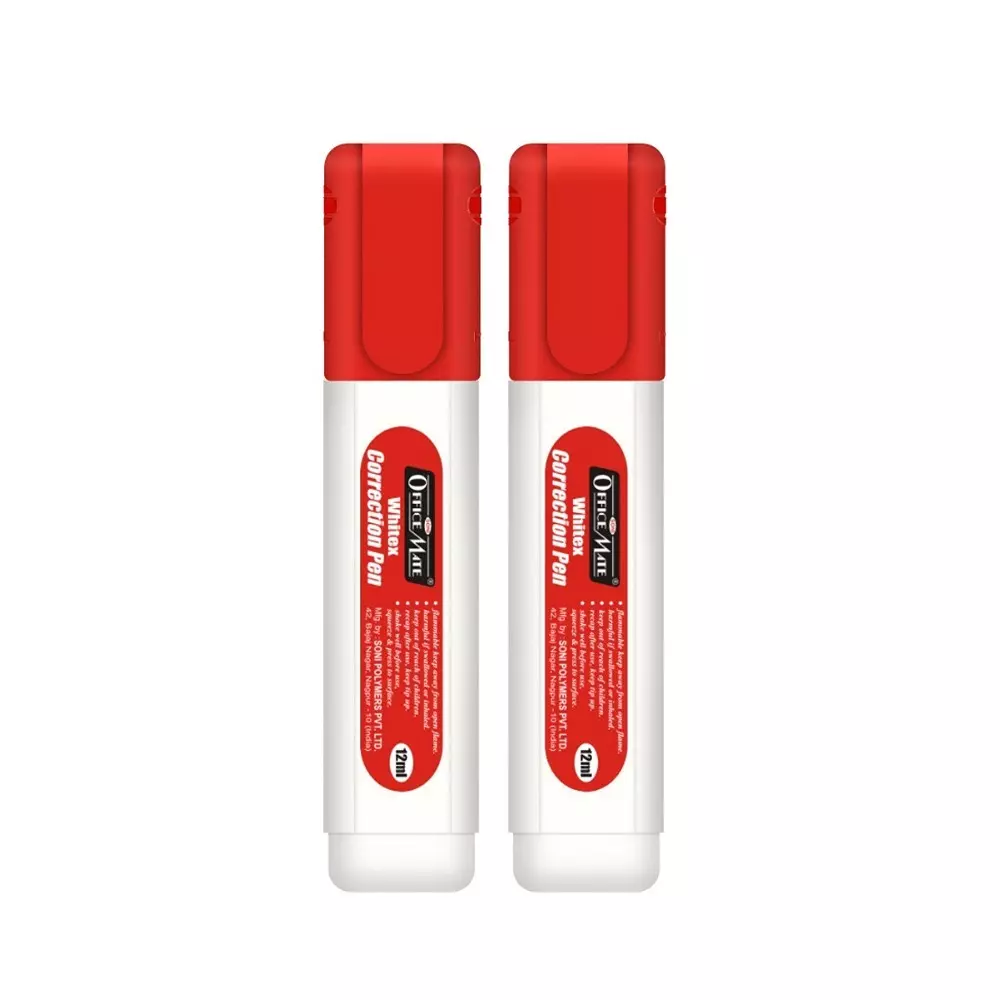 Soni Office Mate 12 ml Correction Pen with 1 mm Metal Tip, Red Cap, Instant Dry and Choke Free for School, Office & Home (Pack of 12)