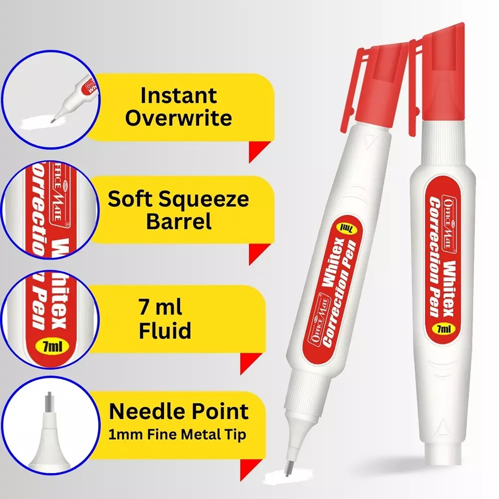 Soni Office Mate Correction Pen, 7 ml with 1 mm Metal Tip Instant Drying and Smooth Application for Office, School & Home (Pack of 2)