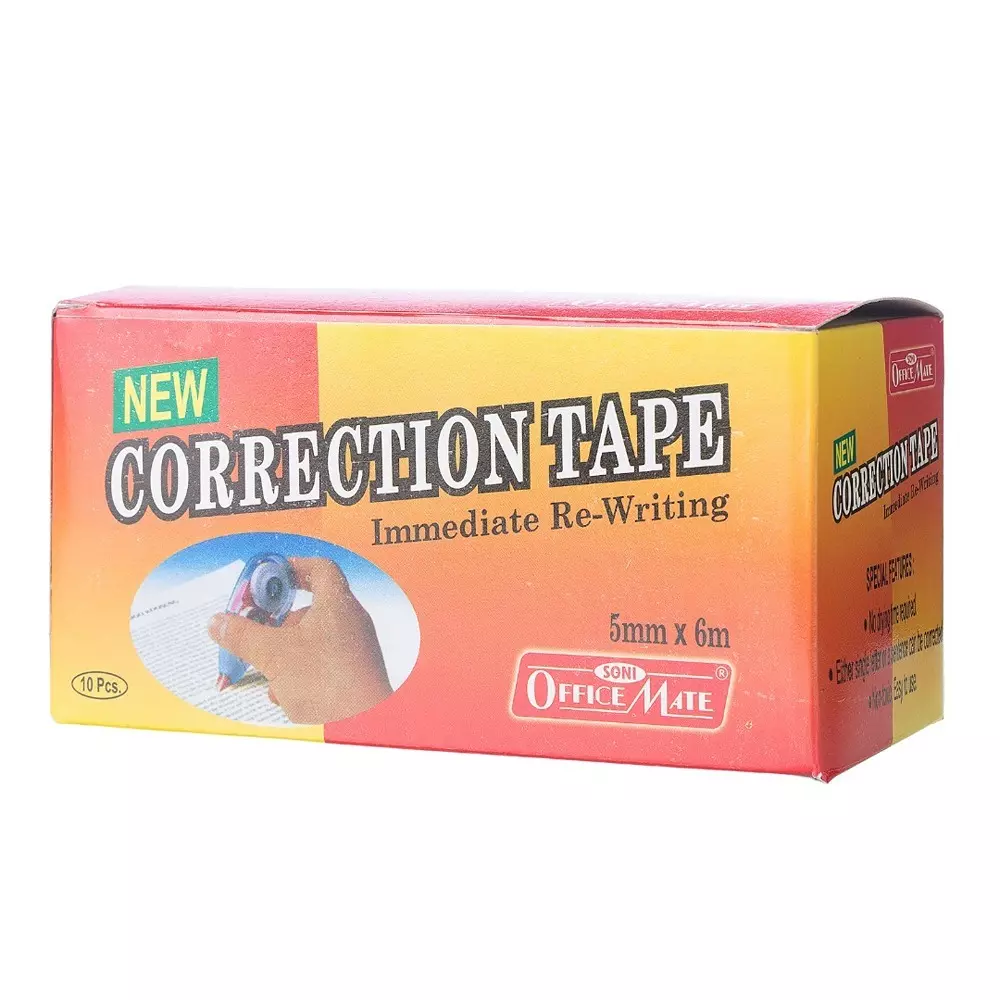 Soni Office Mate Correction Tape 5 mm x 6 m Instant Drying Smooth and Mess Free Application for Office, School & Home (Pack of 10)