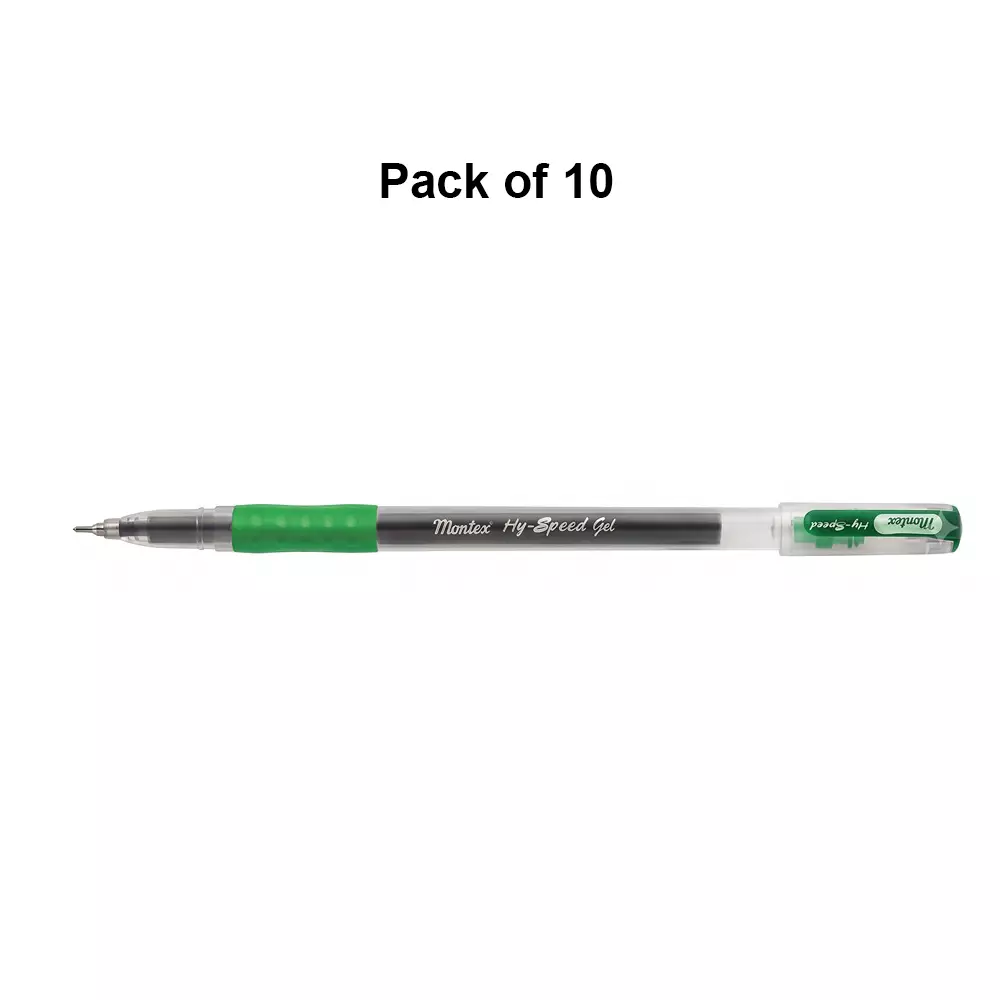 montex-hyspeed-grip-05-mm-tip-gel-pen-green-ink-plastic-body-non-toxic-waterproof-ink-pack-of-10-pcs