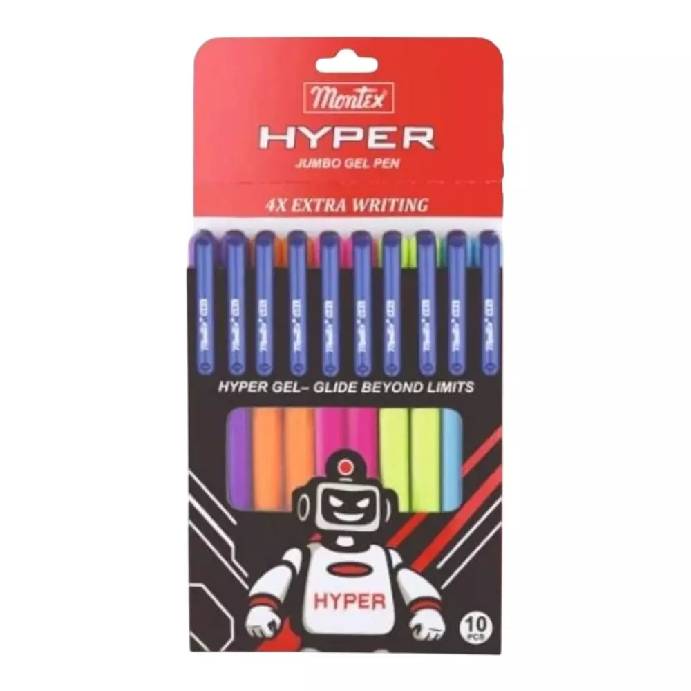 Montex Hyper 0.7 mm Tip Gel Pen Blue Ink Ergonomic Grip Jumbo Refill Non Toxic & Waterproof Ink (Pack of 10 Pcs)
