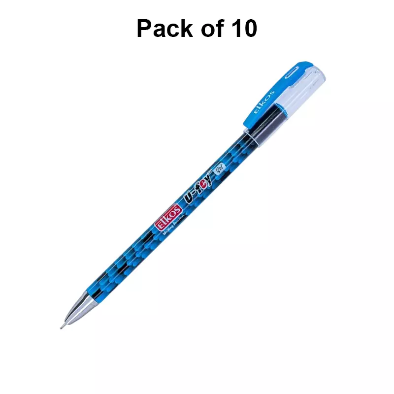 Elkos U-Fey Gel Pen Steel Nib Plastic Body Blue Ink Color (Pack of 10 Pcs)