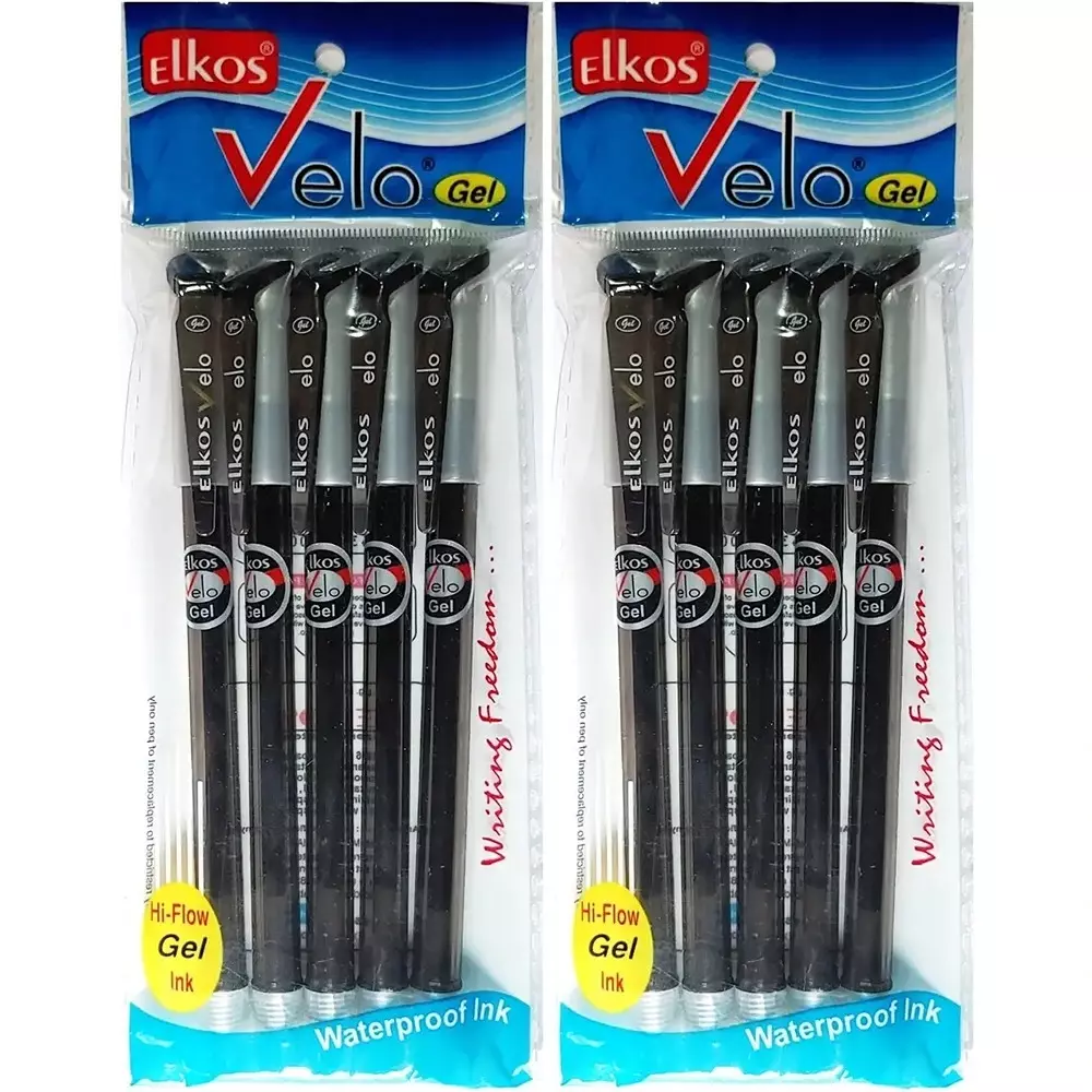 Elkos Vello Gel Pen Steel Nib Plastic Body Black Ink Color (Pack of 10 Pcs)