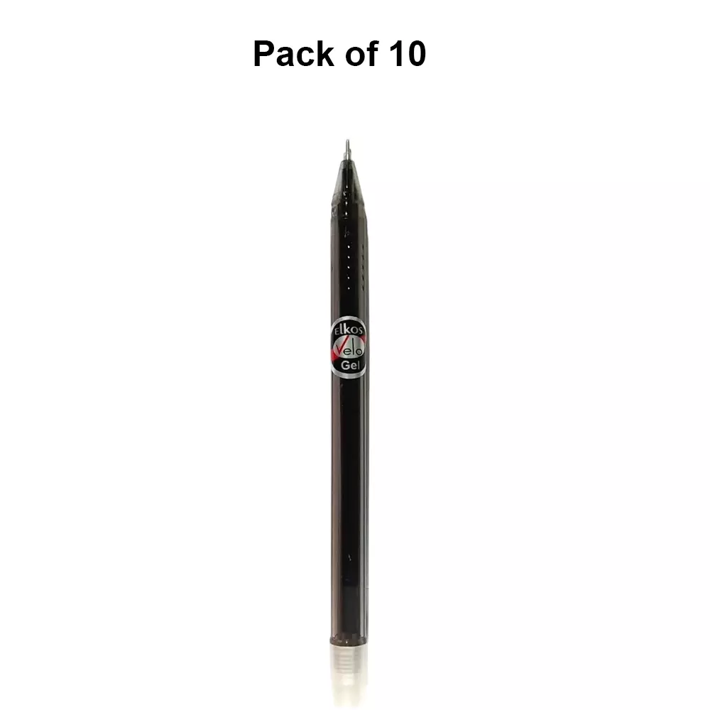 Elkos Vello Gel Pen Steel Nib Plastic Body Black Ink Color (Pack of 10 Pcs)