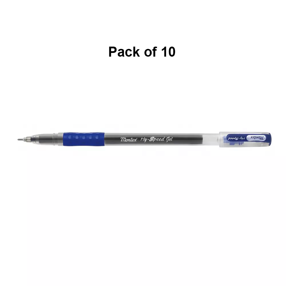 montex-hyspeed-grip-05-mm-tip-gel-pen-blue-ink-plastic-body-non-toxic-waterproof-ink-pack-of-10-pcs