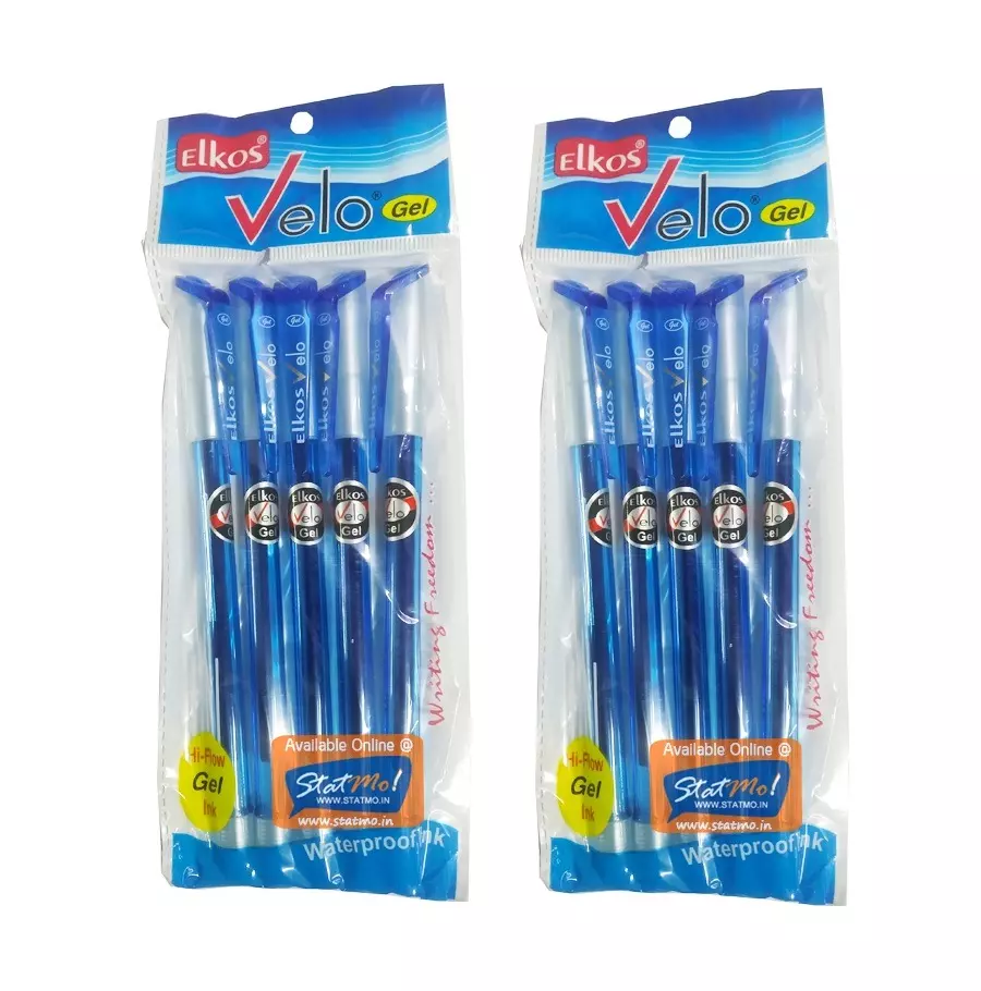 Elkos Vello Gel Pen Steel Nib Plastic Body Blue Ink Color (Pack of 10 Pcs)